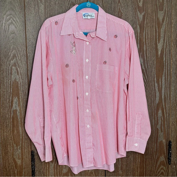 Las Olas Tops - Las Olas Women's Long Sleeve Button Down Large Red Bedazzled Ladybugs and Flower